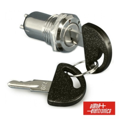 Fechadura cilíndrica cromada com duas chaves, logótipo alpha elettronica