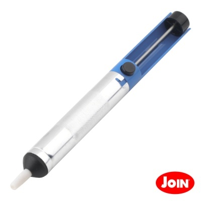 Aplicador dosador prata e azul com botão preto e ponta branca, selo JOIN vermelho