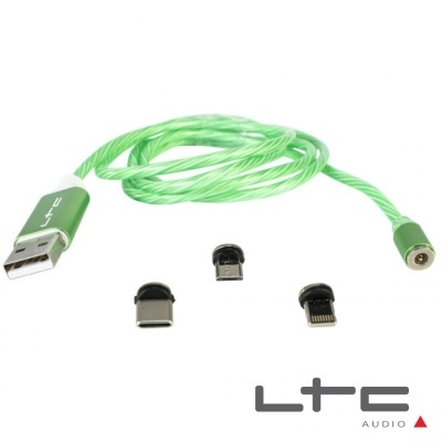 Cabo USB verde com três adaptadores para carga e logotipo LTC AUDIO