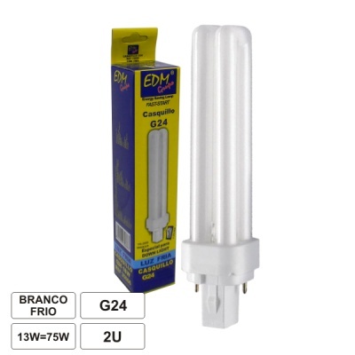 Lâmpada fluorescente compacta branca fria EDM G24 com embalagem amarela e azul
