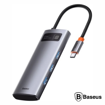 Hub USB Baseus 5 em 1 cinzento com três portas USB 3.0 e conector USB-C
