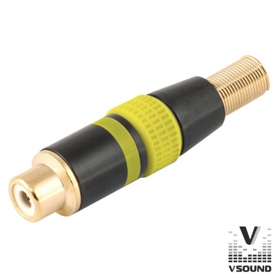 Adaptador de áudio metálico preto e dourado com detalhe verde-limão