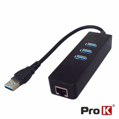 Hub USB preto com três portas USB 3.0 e porta Ethernet