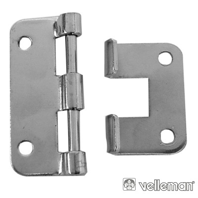 Dobradiça metálica prateada com duas partes e logótipo Velleman.