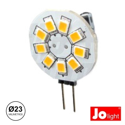 Lâmpada LED circular com 9 pequenos LEDs amarelos e pinos metálicos, com logo Jo light