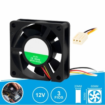 Ventoinha eletrónica preta 12V com três fios coloridos e conector branco