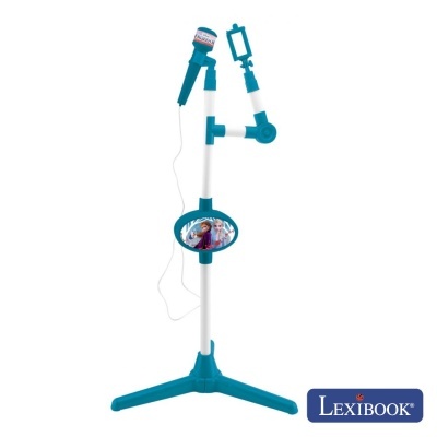 Microfone infantil azul e branco com suporte ajustável e imagem dos personagens Frozen