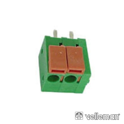 Conector eléctrico verde com botões marrons e terminais metálicos