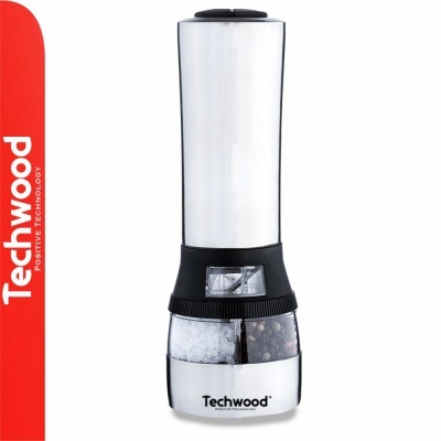 Moinho elétrico de metal e plástico com compartimentos transparentes para temperos