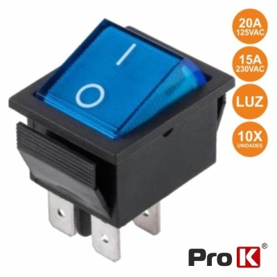 Interruptor basculante azul com símbolos I e O, terminais metálicos e etiquetas laranja ao lado