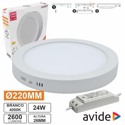 Plafon LED redondo branco Avide com transformador e embalagem