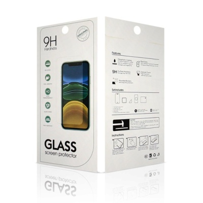 Embalagem branca de protetor de ecrã de vidro para smartphone com texto e instruções