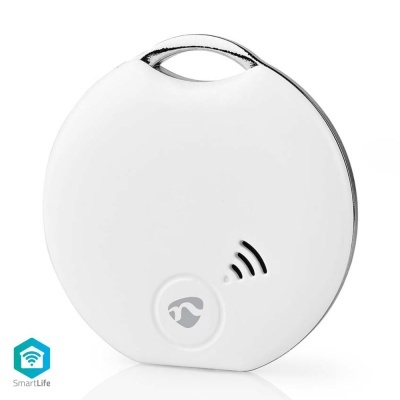 Dispositivo redondo branco com alça e símbolos de telefone e sinal