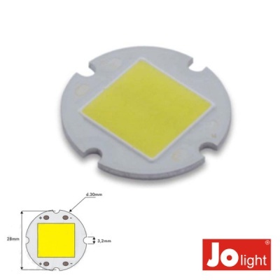 Módulo LED amarelo quadrado em placa redonda branca com medições ao lado e logotipo Jo light