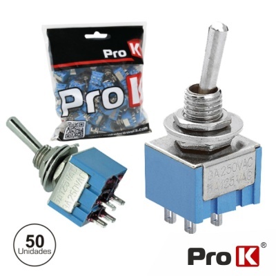 Interruptor de alavanca azul Pro K com saco preto e vermelho e texto 3A 250VAC 6A 125VAC