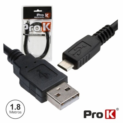 Cabo USB preto Pro K com 1,8 metros e conetores USB tipo A e micro USB