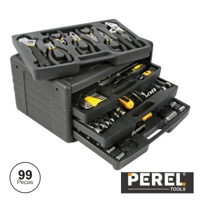 Conjunto de ferramentas PEREL TOOLS de 99 peças em caixa preta com várias ferramentas organizadas.