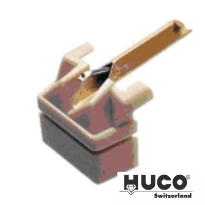 Interruptor elétrico pequeno bege com peça metálica e logotipo HUCO Switzerland