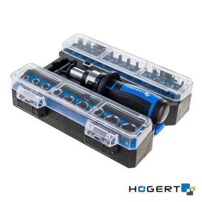 Conjunto de ferramenta com chave de fendas e pontas em caixa preta com tampa transparente e marca HÖGERT.