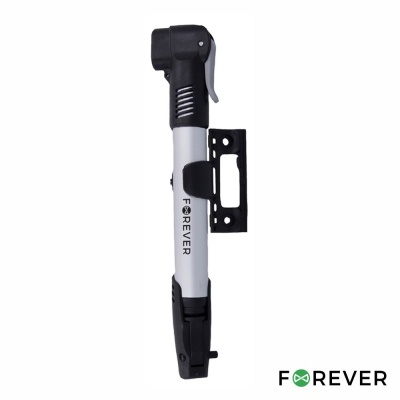 Bomba de ar portátil para bicicleta prateada e preta com texto FOREVER