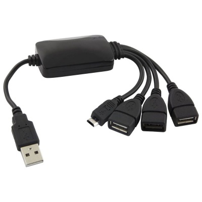 Cabo hub USB preto com múltiplos conectores