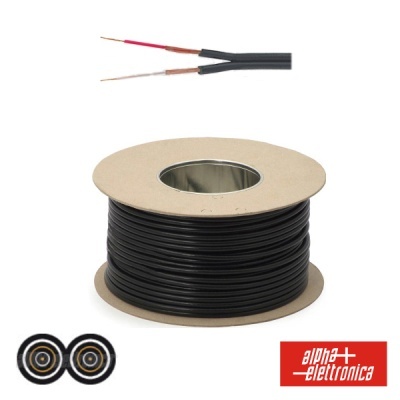 Bobina de cabo elétrico preto com dois fios expostos, um vermelho e um branco.