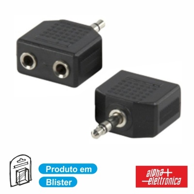 Adaptador de áudio preto com duas entradas jack e uma ficha jack