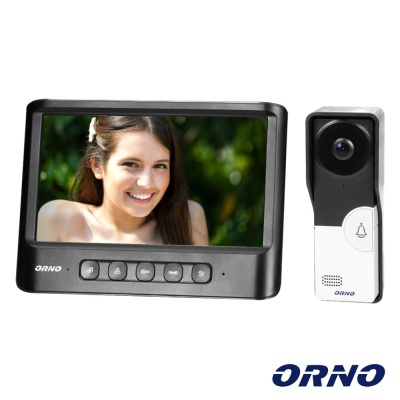 Sistema de vídeo porteiro ORNO com ecrã preto e campainha com câmera branco e preto