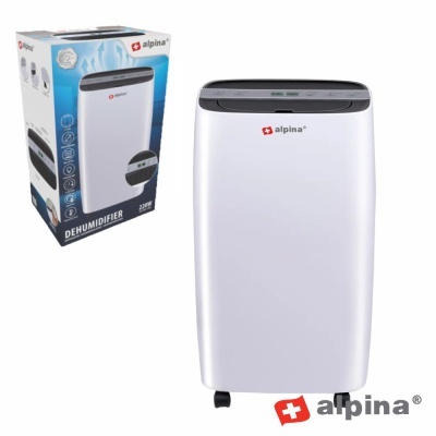 Desumidificador branco Alpina com painel digital e embalagem azul e branca