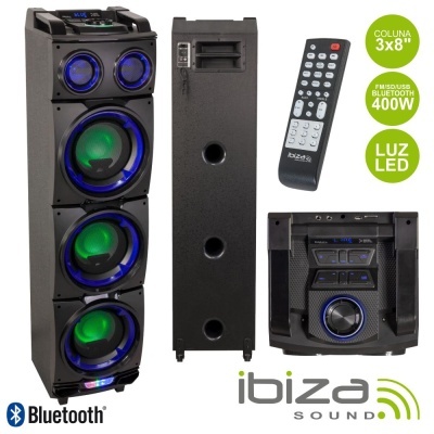 Coluna de som preta Ibiza Sound com luzes LED, controlo remoto e painéis traseiros com conexões