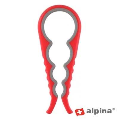 Alicate vermelho e cinza para abrir embalagens com logótipo Alpina