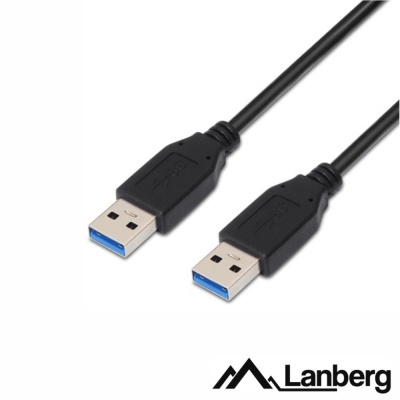 Cabo USB preto Lanberg com conectores USB tipo A e interior azul.