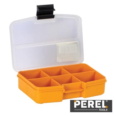 Caixa organizadora laranja com tampa translúcida e sete compartimentos