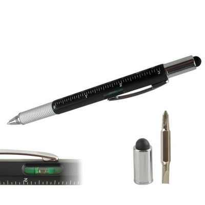 caneta multifuncional preta com adaptador metálico e nível de bolha