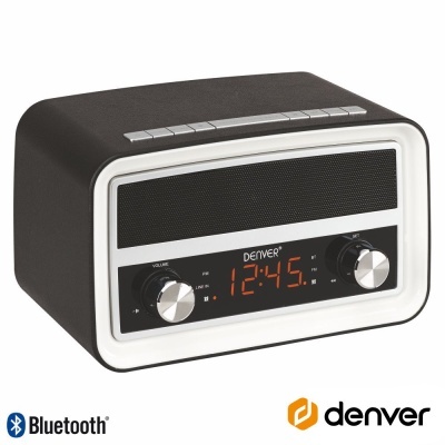 Rádio digital portátil preto com mostrador LED vermelho e botões redondos.