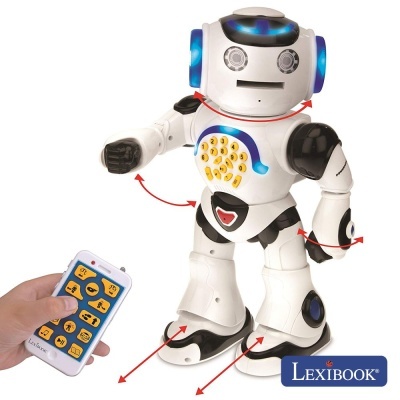 Robô branco com detalhes pretos e azuis e controle remoto da marca LEXIBOOK