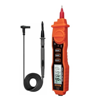 multímetro digital portátil laranja com visor LCD e cabos pretos