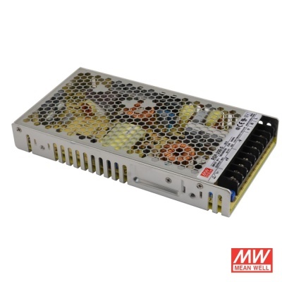 Fonte de alimentação metálica MEAN WELL com grelha perfurada e componentes visíveis