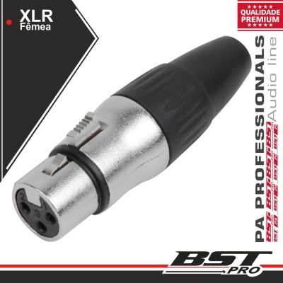 Conector XLR fêmea metálico com parte traseira preta e textos promocionais em fundo branco