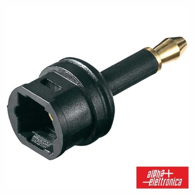 Adaptador de ficha áudio preto com ponta dourada e logo alpha elettronica