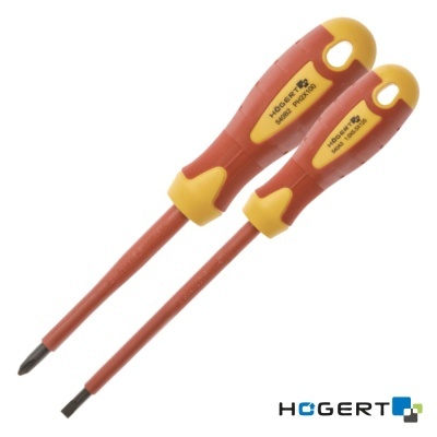 Duas chaves de fendas isoladas vermelho e amarelo com texto HOGERTS HOME WORK.