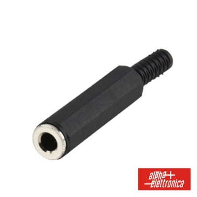 Conector de áudio jack fêmea preto com metal prateado e logótipo alfa-elettronica