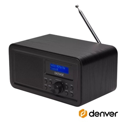 Rádio portátil preto Denver com ecrã azul e antena telescópica