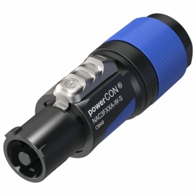 Conector PowerCON preto e azul com detalhes metálicos