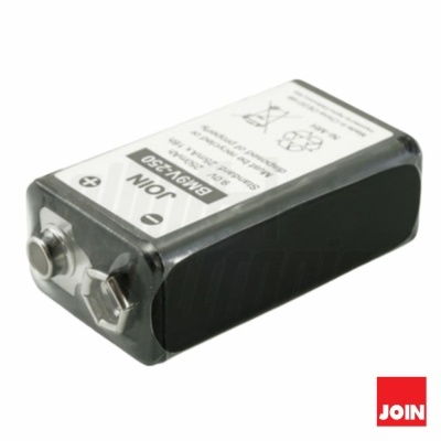 Bateria recarregável retangular preta e cinzenta com etiqueta branca e marca JOIN