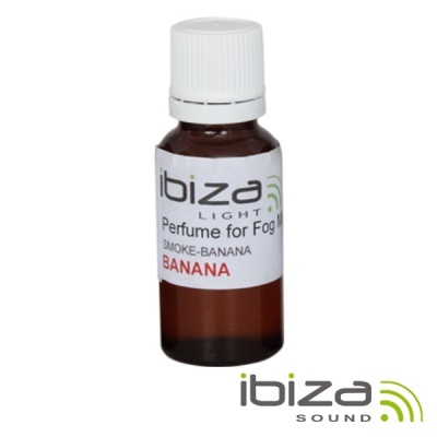 Frasco pequeno de vidro castanho com etiqueta branca e texto ibiza LIGHT Perfume for Fog SMOKE-BANANA BANANA