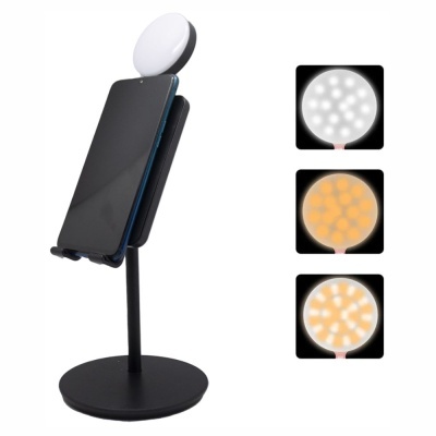 Suporte preto para smartphone com luz LED circular e três modos de iluminação mostrados