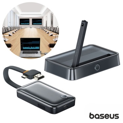 Dispositivo Baseus preto com HDMI e base com caneta digital, sala de conferências ao fundo