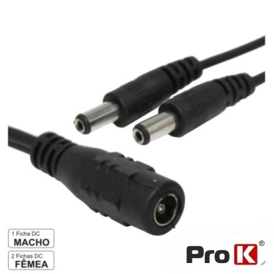 Cabo adaptador preto com conectores DC macho e fêmeas e texto Pro K