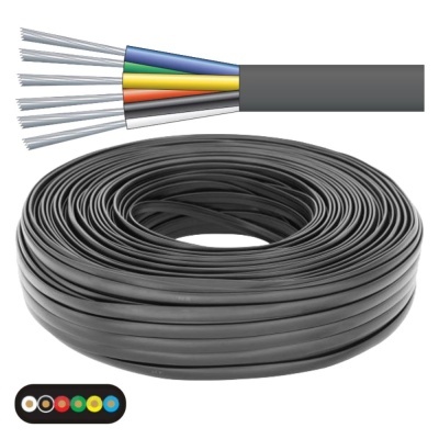 Rolo de cabo elétrico preto com fios coloridos expostos no extremo